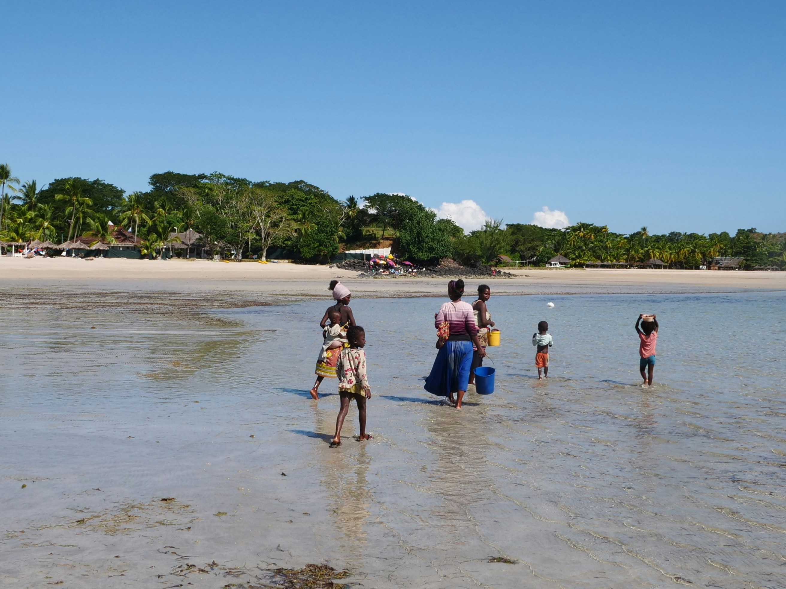 Women and children wading through shallow water on a wide beach under a blue sky